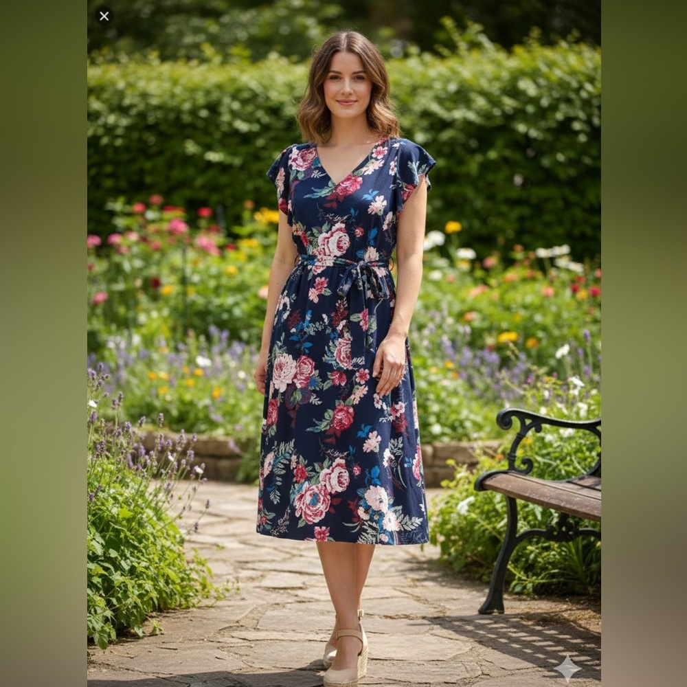 LOFT Navy Blue Floral V Neck Cap Sleeve Tie Waist A-Line Midi Dress